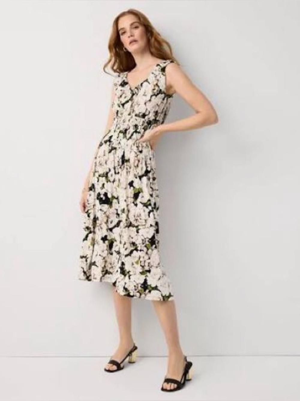 NWT WHBM White House Black Market Ruched Rose Oasis Midi Dress Size M Medium